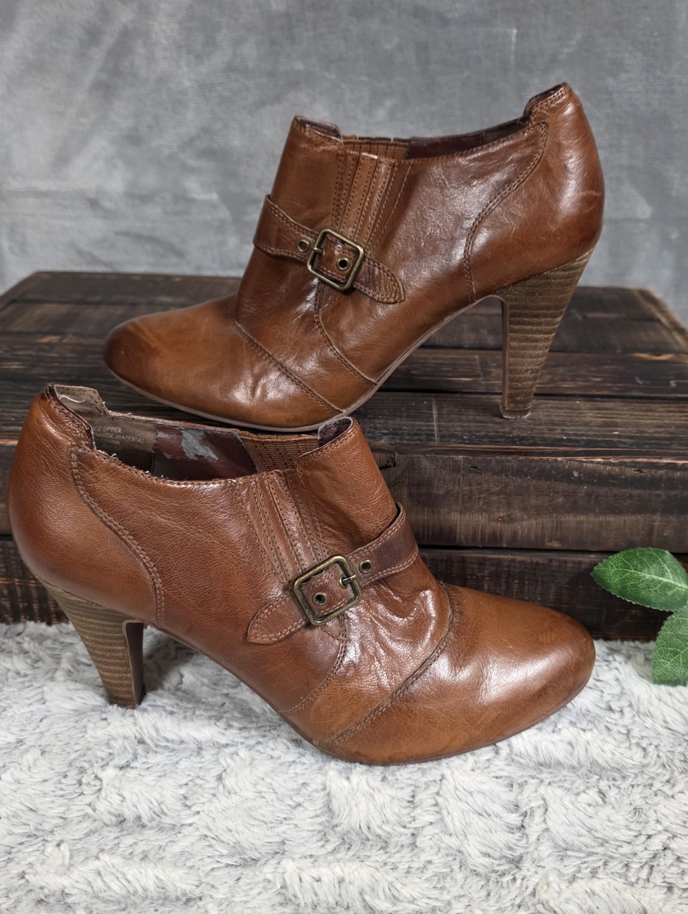 Audrey Brooke Adele Brown Leather Ankle Boots Boho Slip On Buckle Size 8.5